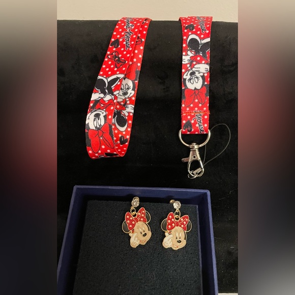 Disney Jewelry - Disney Red Minnie Earrings and ID Holder Set NIB